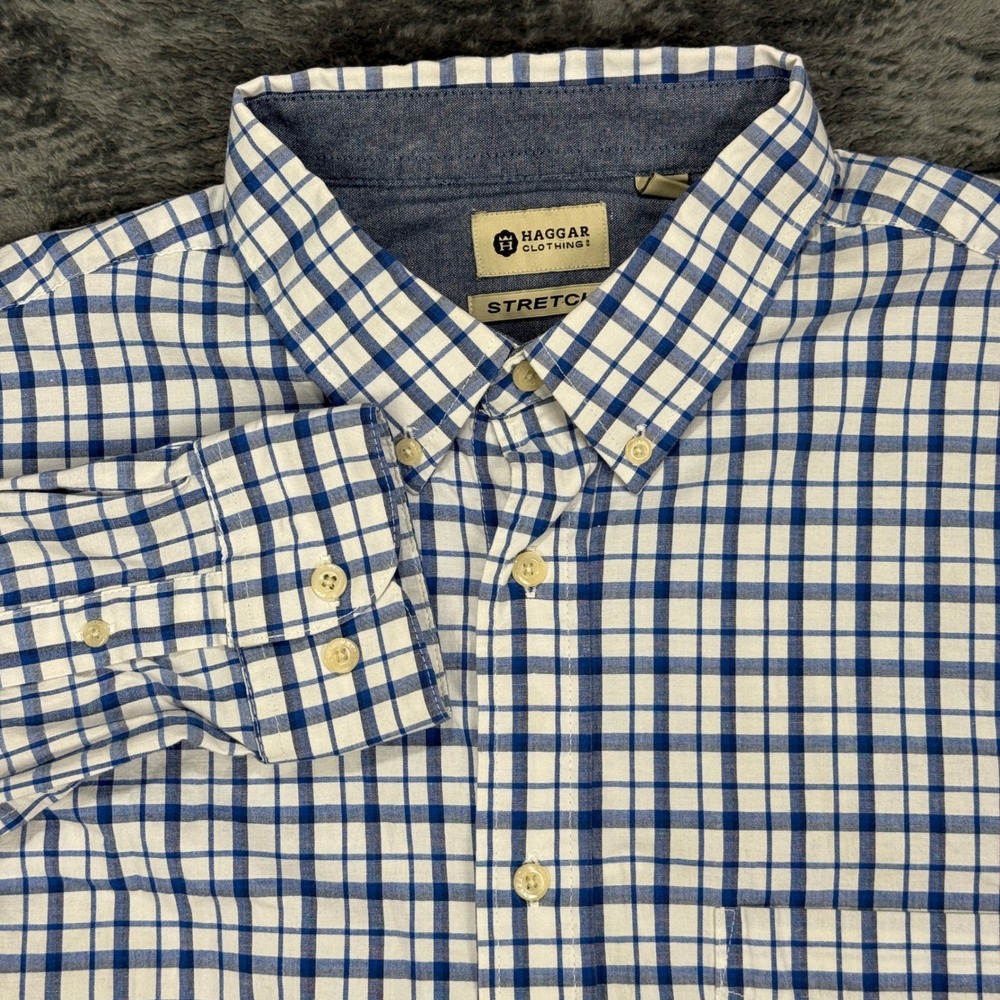 Haggar Button Down Shirt Men L Blue White Plaid